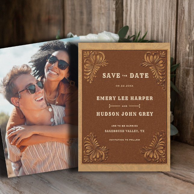 Reserve A Data Country Tooled Leather Western Rustic Wedding (country rustic cowboy wedding save the date faux tooled leather terracotta cream western)