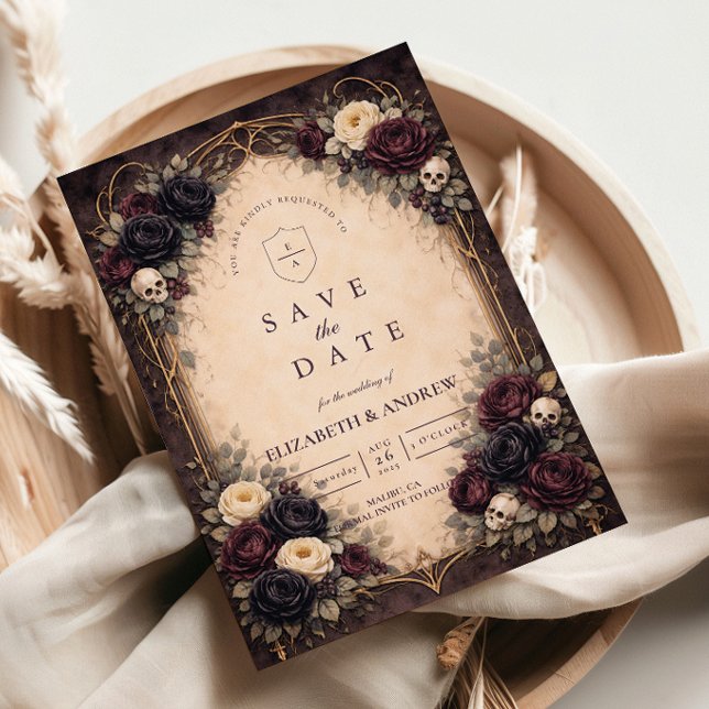 Reserve A Data Crânio Floral Gótico Escuro Casamento (Criador carregado)