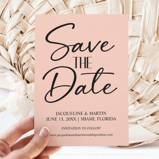 Reserve A Data Creme de Casamento Rosa Cursivo, com Letra Mão (Pink and black wedding Save the Date card)