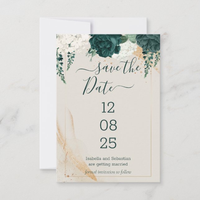 Reserve A Data Creme de Casamento Salve a Data Esmeralda Verde (Frente)