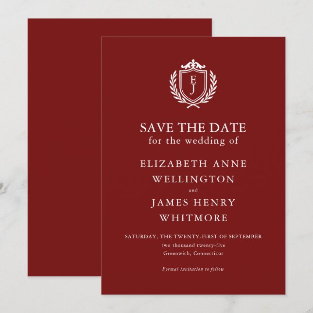 Reserve A Data Crest Burgundy Casamento Inicial Personalizado (Frente/Verso)