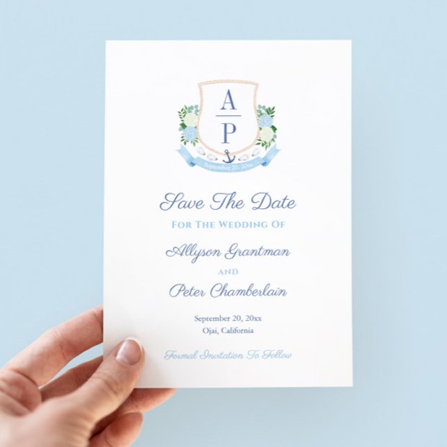 Reserve A Data Crest Casamento de Monograma Costeiro Elegante (Elegant coastal theme save the date with hand painted watercolor couples monogram)