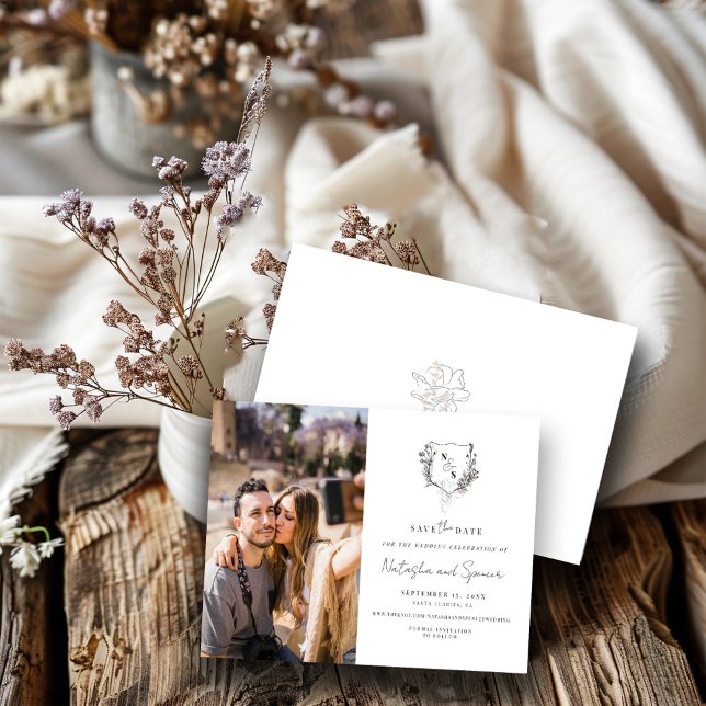 Reserve A Data Crest Floral Monograma Preto e Branco Formal (Criador carregado)
