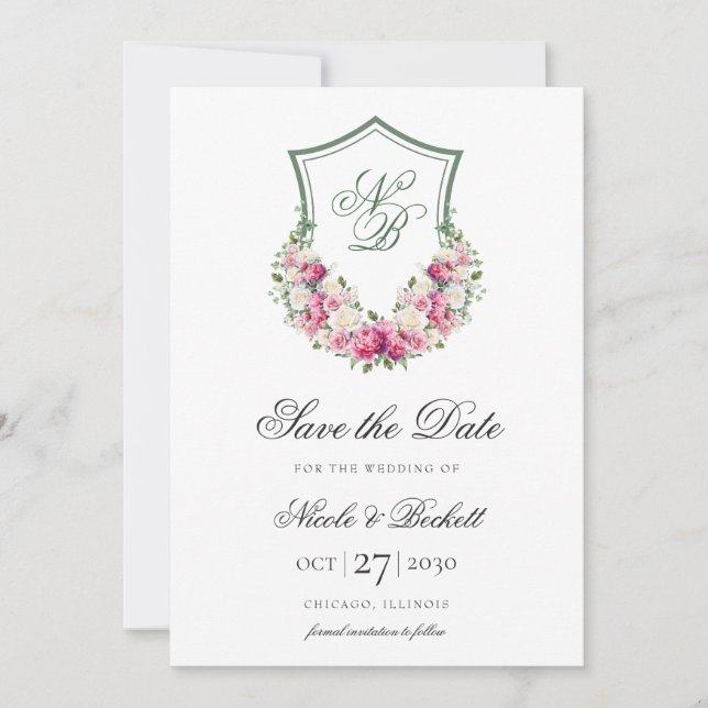 Reserve A Data Crest Floral Rosa Casamento (Frente)
