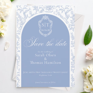 Reserve A Data Crest Monograma Azul Chinoiserie Floral Script
