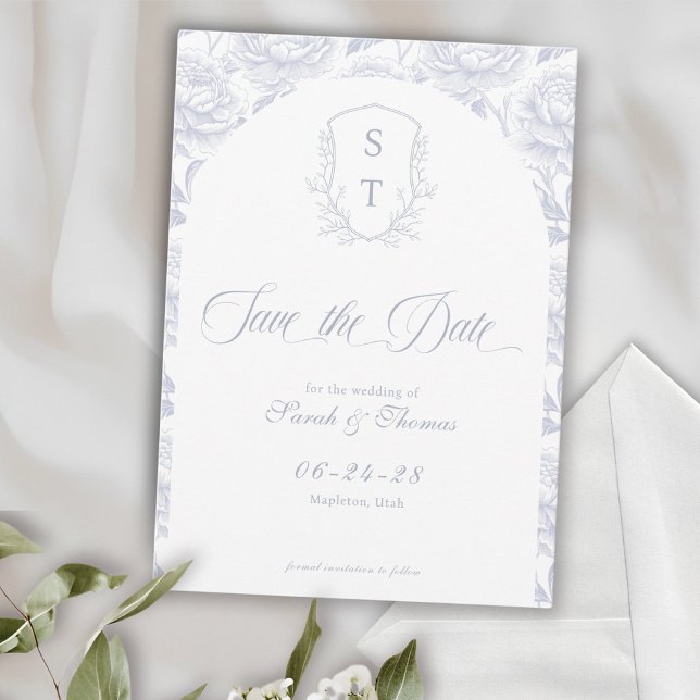 Reserve A Data Crest Monograma Dusty Script Azul (Crest Save The Date Formal Card dusty blue)