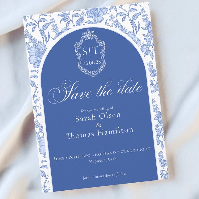 Reserve A Data Crest Monograma Floral Azul Delft Script (Criador carregado)