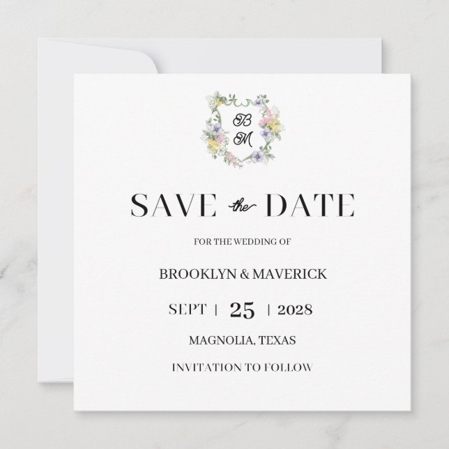Reserve A Data Crestas de Monograma Floral Formal de Casamento (Frente)