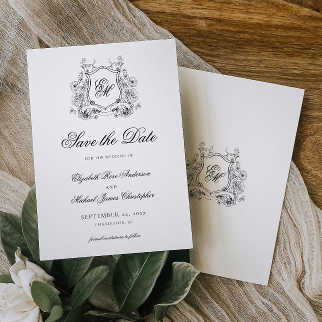 Reserve A Data Crestas Florais Monograma de Casamento Elegante Fo (Criador carregado)