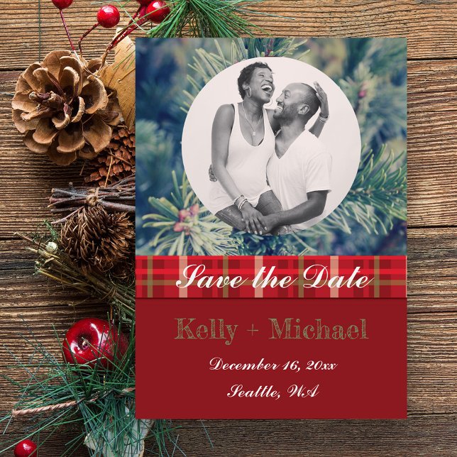 Reserve A Data Crimson & Evergreen Flat Save The Date Card (Crimson & Evergreen Tree Save the Date Photo Card)