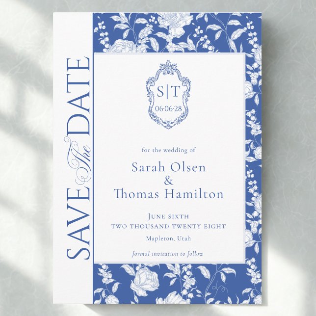 Reserve A Data Crista de Casamento Azul Floral Chinoiserie (Criador carregado)