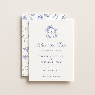 Reserve A Data Crista de Casamento Monograma Azul Regência