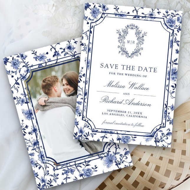 Reserve A Data Crista de Chinoiserie Branco e Azul Foto Casamento (Criador carregado)