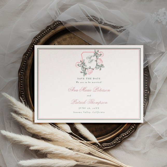Reserve A Data Crista de Rosas Selvagens Formais Pré-casamento Ro (formal wedding save the date modern classic traditional wild roses floral crest pink green preppy)