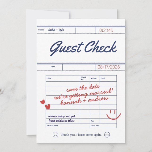 Reserve A Data Custom Guest Check Wedding Save the Date Card (Frente)
