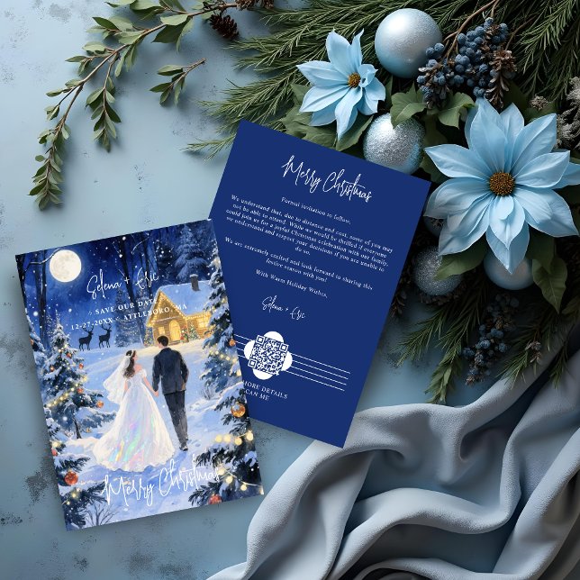 Reserve A Data Cute Scene Enchanted Christmas Forest Wedding (Cute Night Scene Enchanted Christmas Forest Wedding Couple Save the Date Cards with QR Code.)
