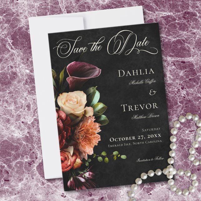 Reserve A Data Dark Elegant Autumn Floral Wedding (Dark Elegant Autumn Floral Wedding Save The Date)