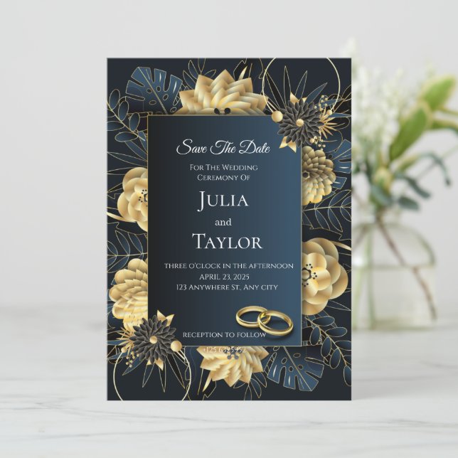Reserve A Data  Dark Floral Save the Date Card (Em pé/Frente)