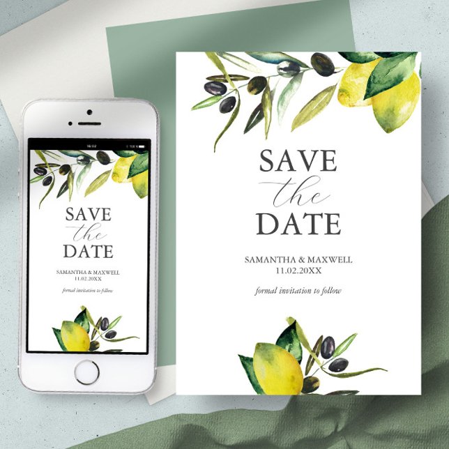 Reserve A Data Data de Salvamento Limão Oliva Moderno Aquarela (save the date card digital template wedding theme mediterranean invitation lemon olives botanical)