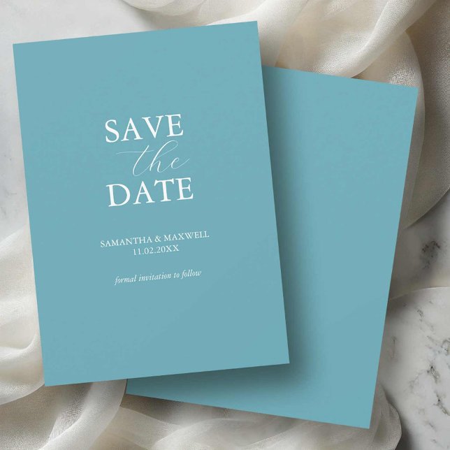 Reserve A Data Datas de Salvamento Mínimas Azul Não Fotográfico (non photo save the dates turquoise blue with white typography minimalist design Victoria Grigaliunas)