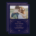 Reserve A Data Deco Moderno | Faux Rosa Dourado e Marinho Blue Ph<br><div class="desc">Este casamento glamouroso salve os cartões de data...  com um giro moderno no deco de arte clássico. Um ornamentado falso,  rosa de ouro falso,  parece estrutura geométrica e ornamentação decoram um elegante fundo azul de marinho escuro com sua foto pessoal favorita para um olhar dramático e casamento vintage.</div>