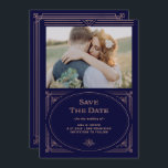 Reserve A Data Deco Moderno | Faux Rosa Dourado e Marinho Blue Ph<br><div class="desc">Este casamento glamouroso salve os cartões de data...  com um giro moderno no deco de arte clássico. Um ornamentado falso,  rosa de ouro falso,  parece estrutura geométrica e ornamentação decoram um elegante fundo azul de marinho escuro com sua foto pessoal favorita para um olhar dramático e casamento vintage.</div>