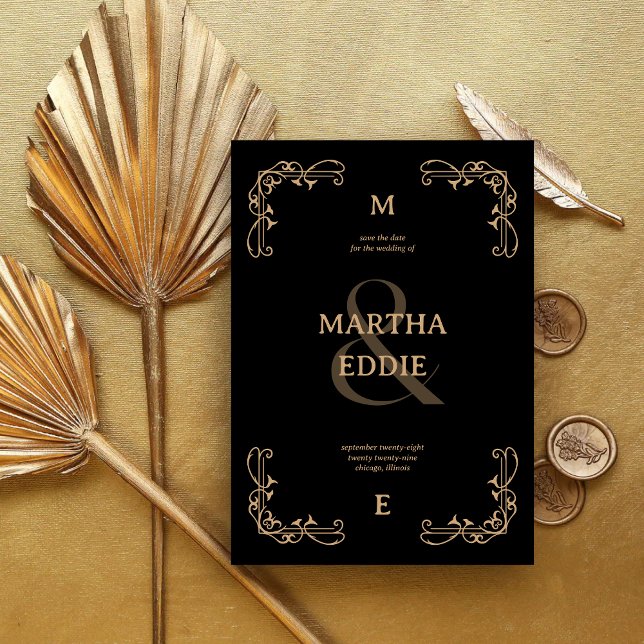 Reserve A Data Deco Moderno | Fundo Fotográfico Preto e Dourado p (Modern deco black and gold save the date with photo back showcases your love with elegant flair.)