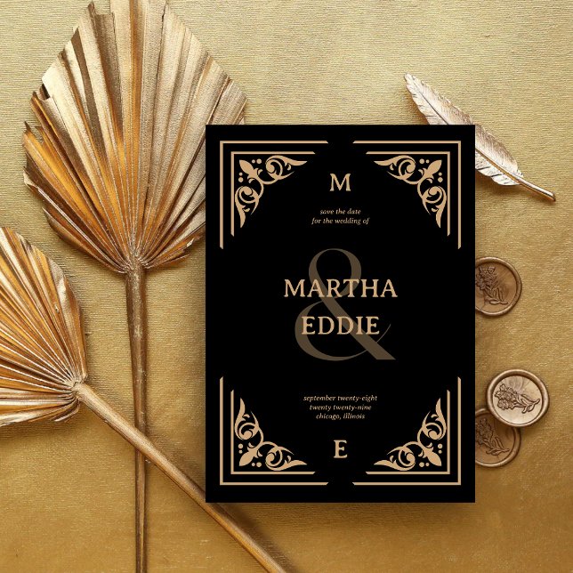 Reserve A Data Deco Moderno | Fundo Preto e Dourado para Fotos de (Modern deco black and gold save the date with photo back showcases your wedding date with elegance.)