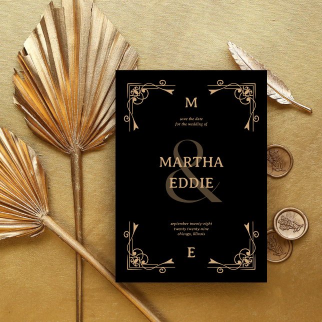 Reserve A Data Deco Moderno | Fundo Preto e Dourado para Fotos de (Modern deco black and gold save the date with photo back shares your special date with elegance.)