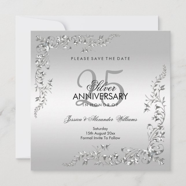Reserve A Data Decoração de Prata Elegante 25º Aniversário de Cas (Frente)