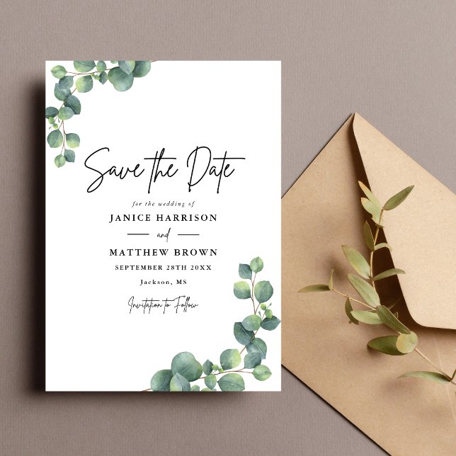 Reserve A Data Decoração Rústica de Botânica com Eucalipto para C (Rustic eucalyptus greenery save the date adds natural charm and beautifully announces your wedding.)
