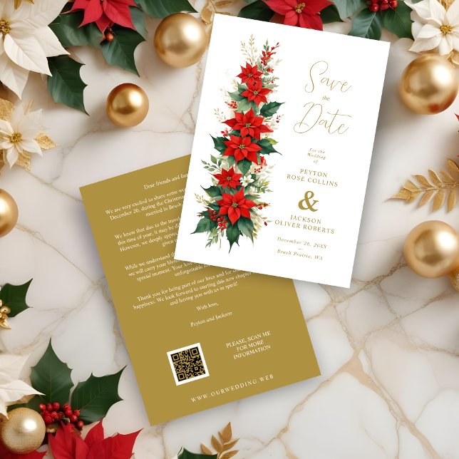 Reserve A Data Decorative & Elaborate Elegant Poinsettias Garland (Decorative & Elaborate Elegant Poinsettias Christmas Garland Wedding Save the Dates Cards.)