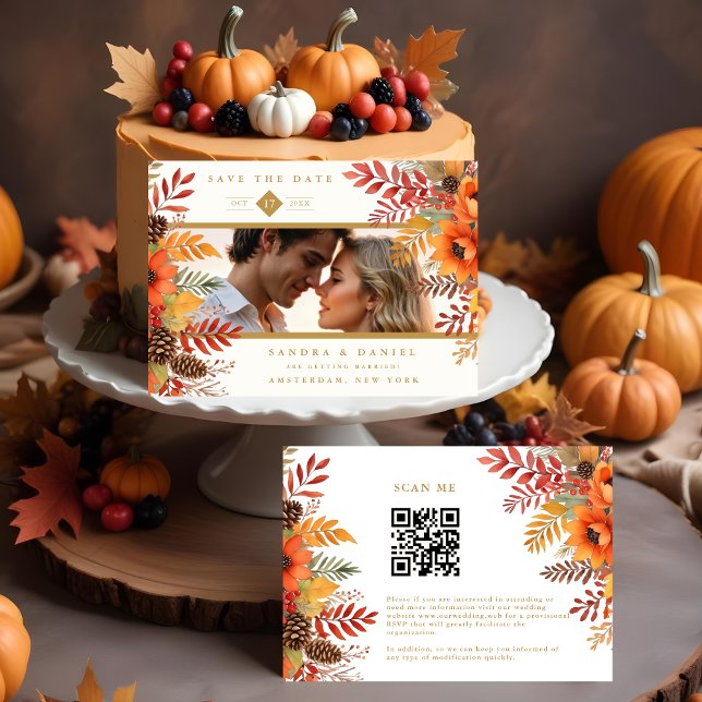 Reserve A Data Decorative Fall Foliage & Flowers Photo Wedding  (Decorative Fall Foliage & Flowers Photo Wedding Save the Dates Cards.)