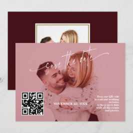 Reserve A Data Deep Burgundy Calligraphy QR Code Photo Wedding  