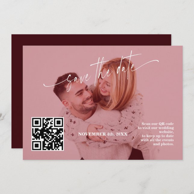 Reserve A Data Deep Burgundy Calligraphy QR Code Photo Wedding   (Frente/Verso)