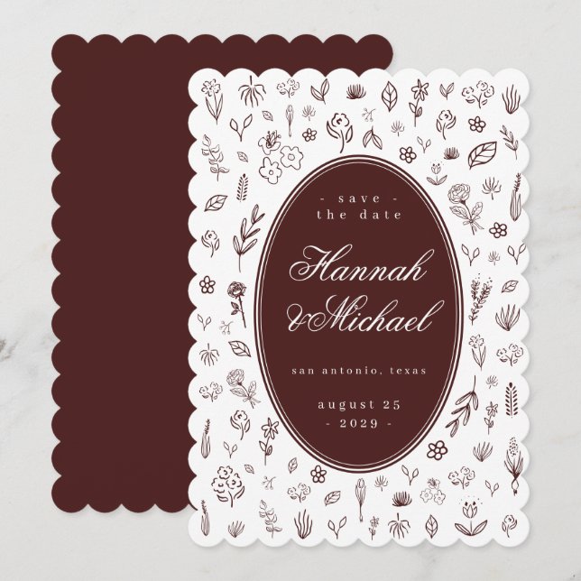 Reserve A Data Deep Burgundy Hand Drawn Flowers Spring Wedding (Frente/Verso)