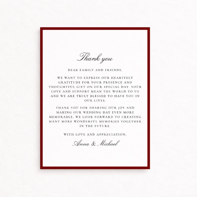 Reserve A Data Deep Red Border Wedding Thank You Card (Criador carregado)