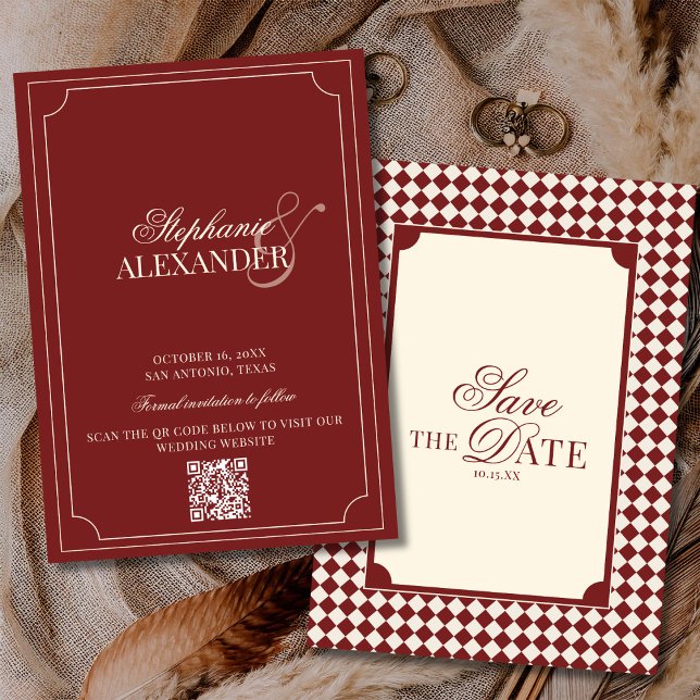 Reserve A Data Deep Red Checkered Old Money QR Code Wedding (Criador carregado)