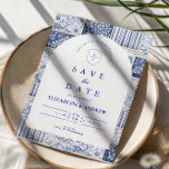 Reserve A Data Delft Blue Patchwork Toile Wedding<br><div class="desc">A timeless blue and white design inspired by classic Delft porcelain and French toile patterns. The patchwork tile border combines delicate florals, stripes, and ornamental motifs that evoke vintage European ceramics. A soft arched panel in the center keeps the layout refined and elegant while allowing the details of the porcelain-inspired...</div>