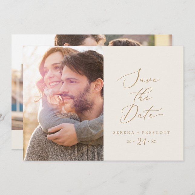 Reserve A Data Delicar Foto Dourada e Creme Salvar a Data (Frente/Verso)