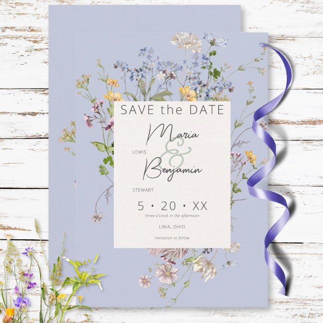 Reserve A Data Delicate Boho Wildflower Periwinkle Wedding (Delicate Boho Wildflowers Periwinkle Wedding Save The Date)
