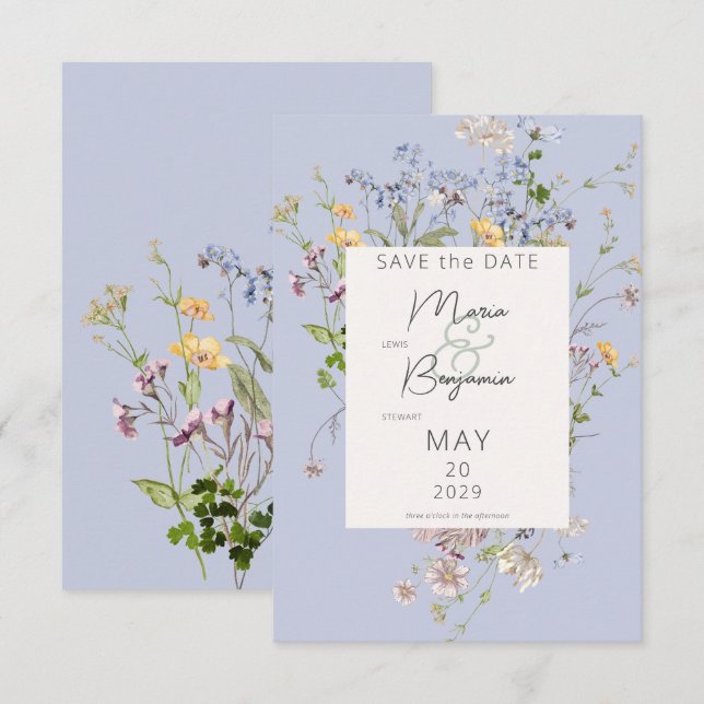 Reserve A Data Delicate Boho Wildflower Periwinkle Wedding (Frente/Verso)