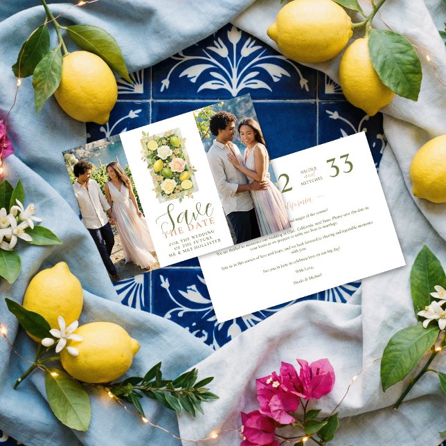 Reserve A Data Delicate Botanical Lemon Floral 2-Photo Wedding (Delicate Botanical Floral and Lemon Arrangement Wedding Save the Date Card Design with 2-Photo.)