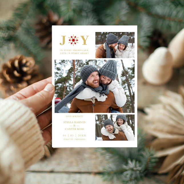 Reserve A Data Delicate Red & Fake Gold SnowFlake 3 Photos (Delicate Red & Fake Gold SnowFlake 3 Photos Collage Holiday Card with Envelope.)