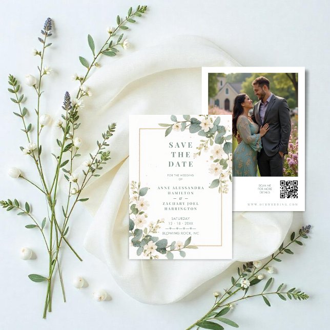 Reserve A Data Delicate Romantic Flowers and Branches Wedding (Delicate Romantic Flowers and Branches Frame Wedding Save the Date Cards with Back Photo and QR Code)
