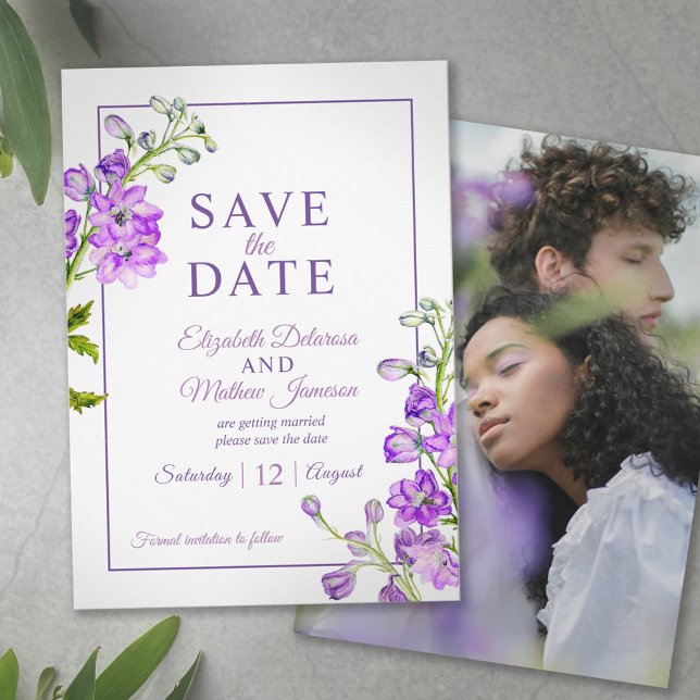 Reserve A Data Delphinium floral save the date purple photo (Criador carregado)