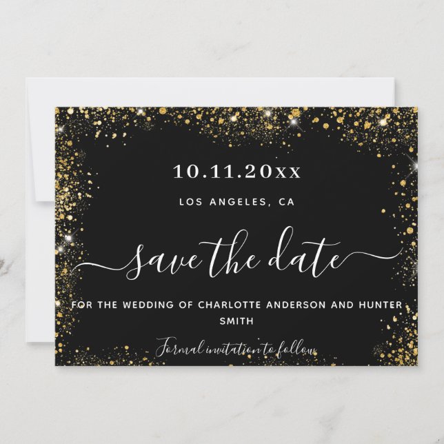 Reserve A Data Derrame de ouro negro de casamento salvar a data (Frente)