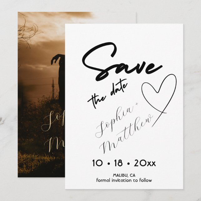 Reserve A Data Desenho à Mão Foto de Casamento Save The Date (Frente/Verso)