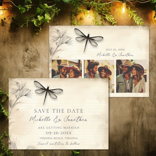 Reserve A Data Desenho Bonito de Libélula Diário Antigo Casamento (Pretty Dragonfly Sketch Vintage Journal Wedding Save The Date)