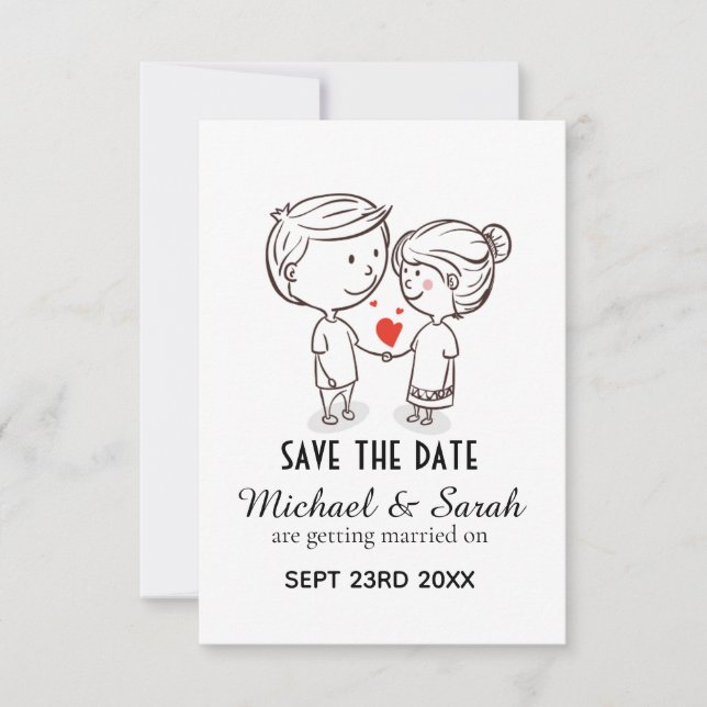Reserve A Data Desenho de Casal Fofo Salva a Data de Casamento (Frente)